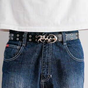 y2k flame buckle black grommet belt — 2000s grunge emo style